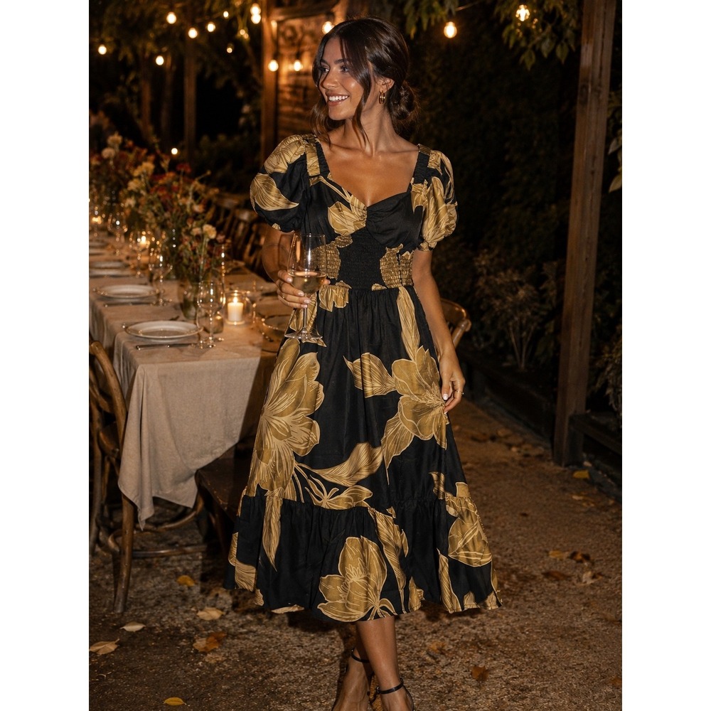 Us Together Floral Smocked Midi Dress Black Gold Puff Sleeve UTDR742 M